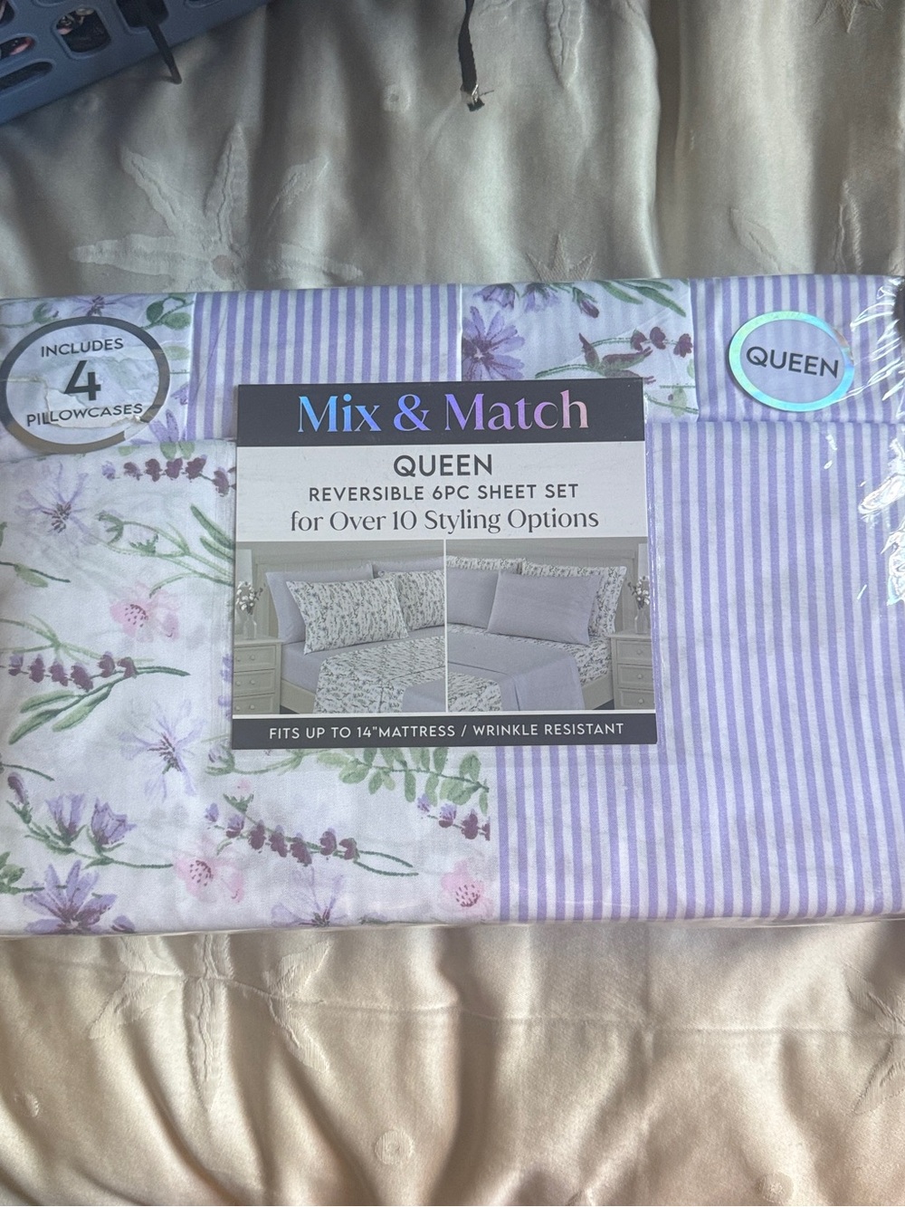 Queen Reversible 6pc Sheet Set - Lavender Floral & Stripe